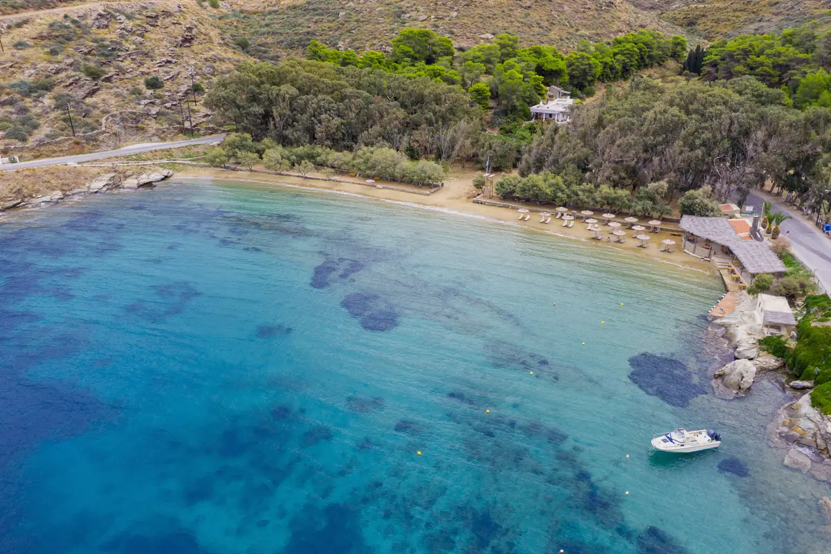 kea tzia island cyclades greece gialiskari bay beach aerial drone view